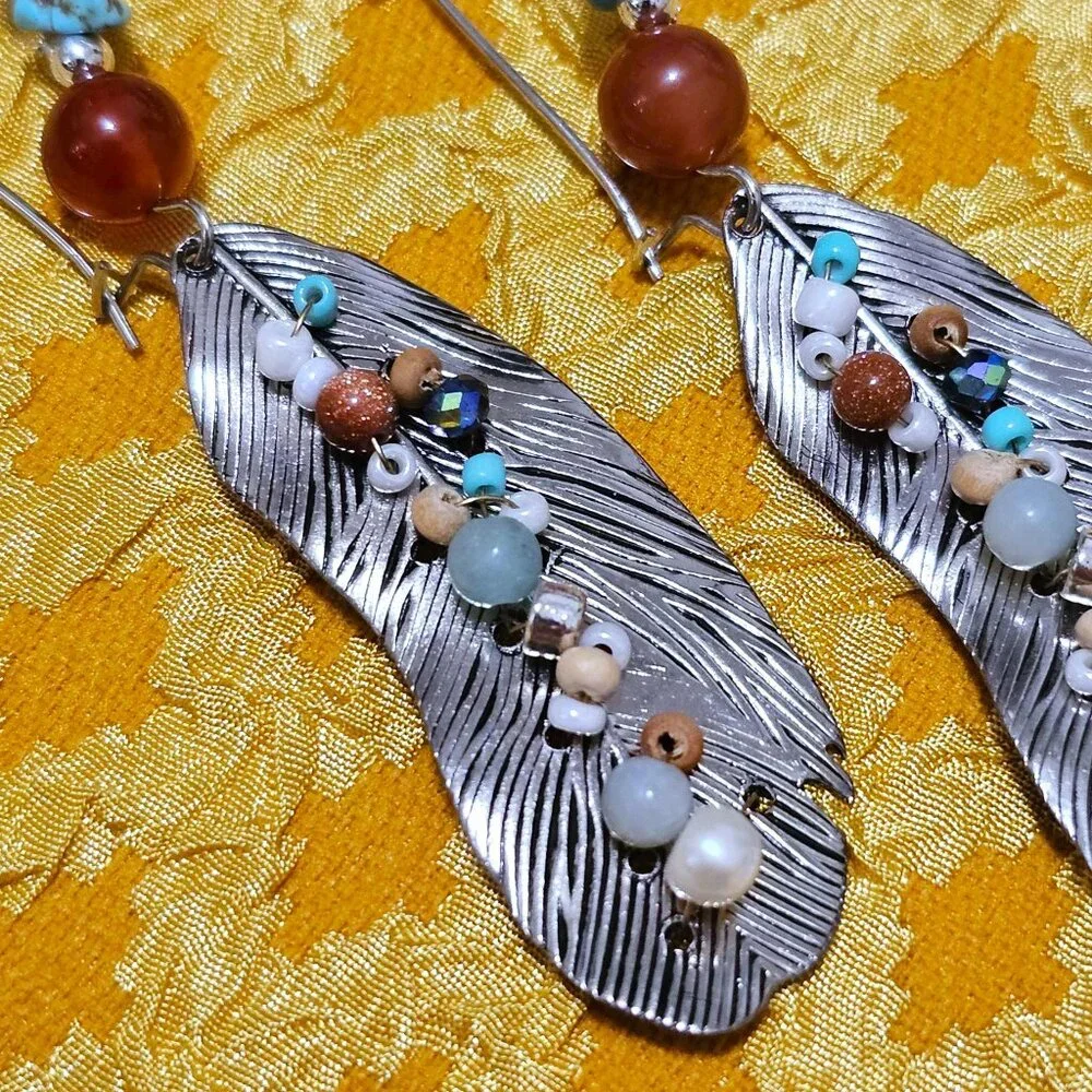 Artisan Earrings Southwestern Silver Feathers Turquoise Carnelian Multi Beaded - Picture 6 of 11